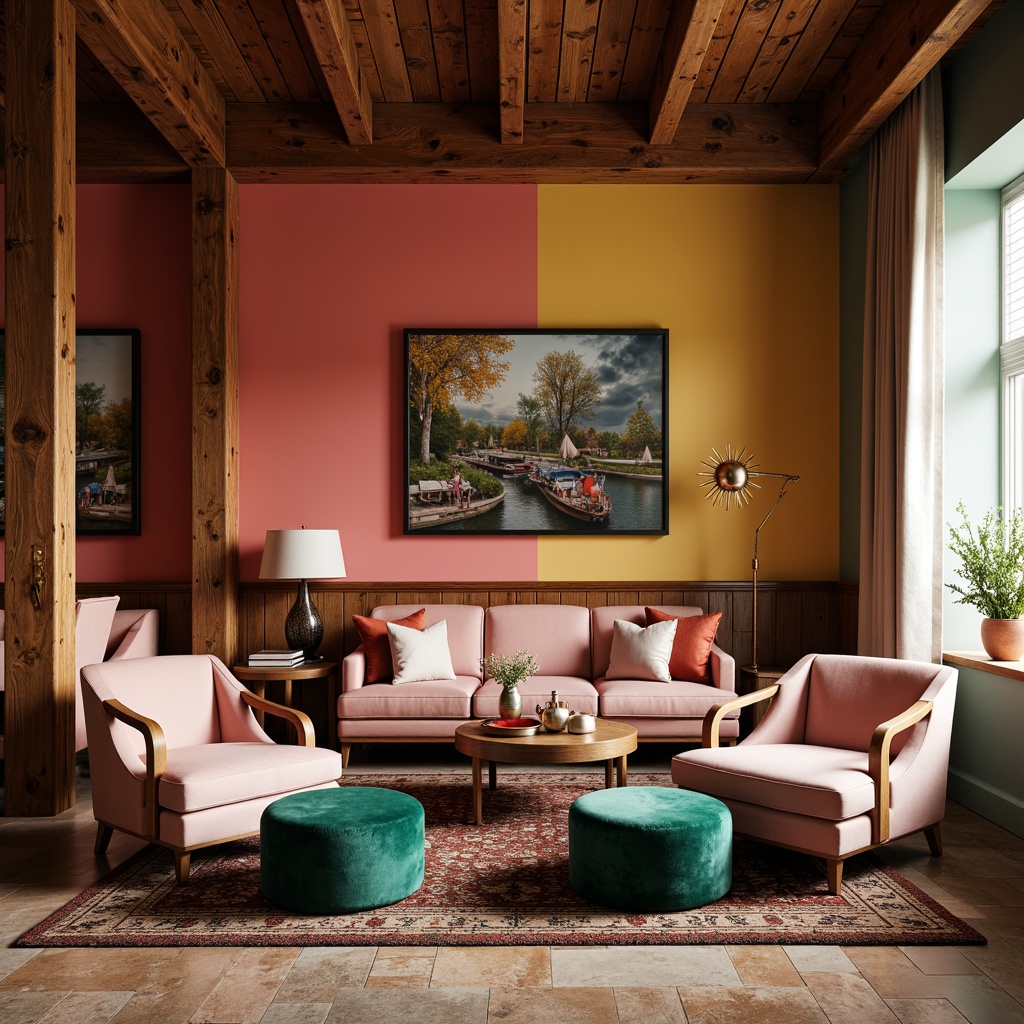 Prompt: Vibrant living room, bold accent walls, rich wooden furniture, soft velvety couch, pastel pink armchairs, emerald green ottomans, warm golden lighting, metallic copper accents, natural stone flooring, plush area rugs, eclectic artwork, whimsical decorative objects, bohemian-inspired textiles, earthy tones, moody atmospheric colors, dramatic color blocking, high contrast visual interest, cozy intimate ambiance.