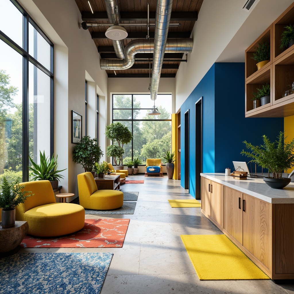 Prompt: Vibrant office space, modern minimalist decor, sleek metallic accents, rich wood tones, bold blue hues, bright yellow highlights, creamy white walls, polished chrome fixtures, geometric patterned rugs, natural stone flooring, abundant greenery, floor-to-ceiling windows, warm soft lighting, shallow depth of field, 1/2 composition, realistic textures, ambient occlusion.