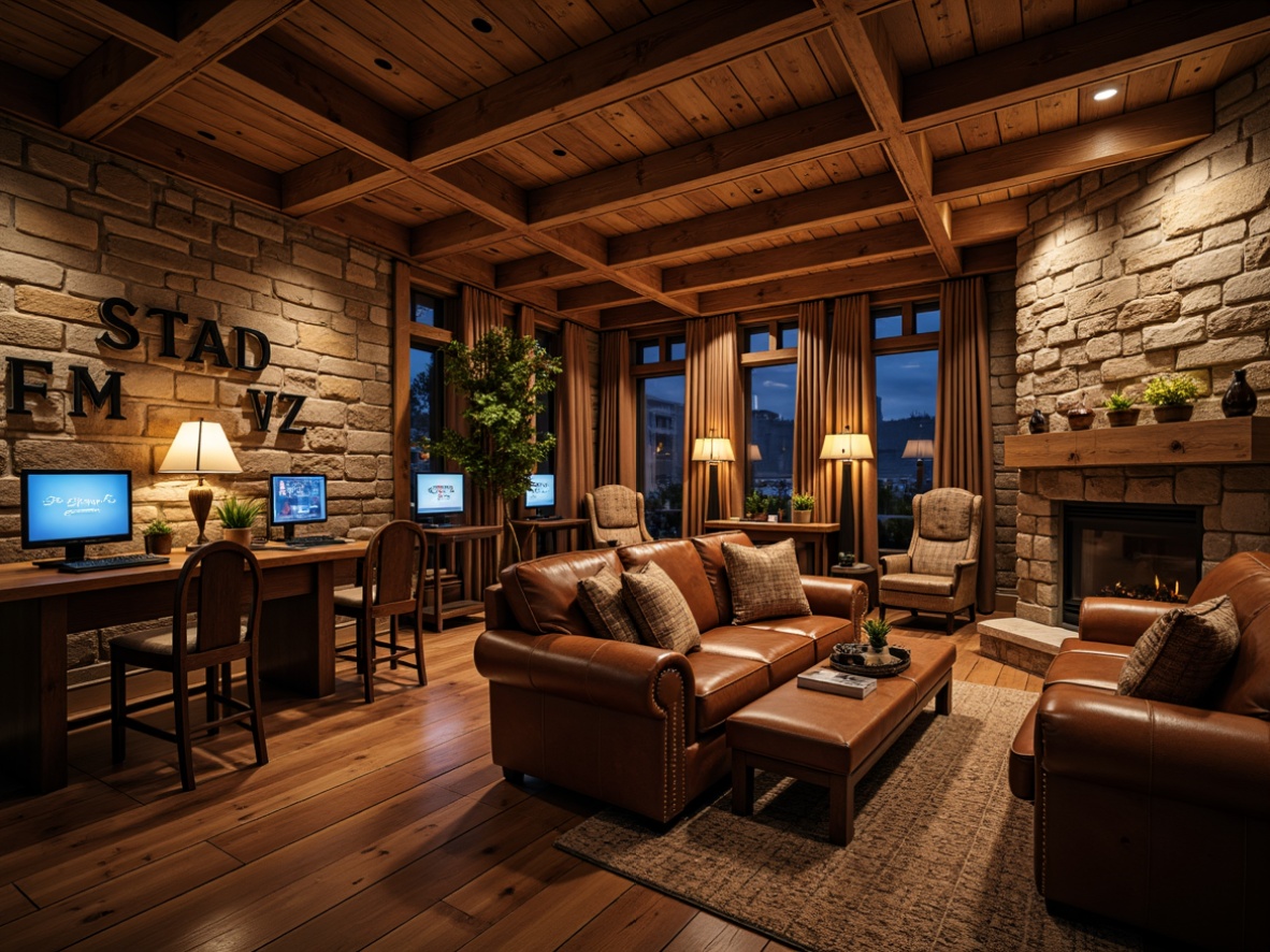 Prompt: Cozy game room, wooden accents, earthy tones, natural stone walls, reclaimed wood furniture, plush leather sofas, rustic metal decorations, vintage gaming consoles, dim warm lighting, lantern-style lamps, wooden ceiling beams, stone fireplace, comfortable seating areas, rich textiles, warm color palette, 3/4 composition, shallow depth of field, realistic textures, ambient occlusion.