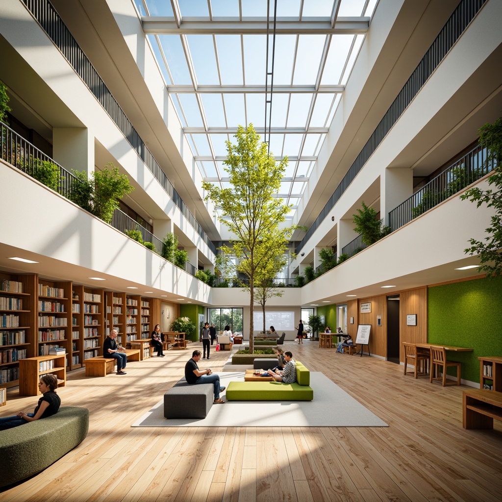 Prompt: Spacious learning hub, natural light-filled atrium, wooden flooring, minimalist decor, comfortable seating areas, collaborative workspaces, interactive whiteboards, floor-to-ceiling bookshelves, cozy reading nooks, vibrant green walls, flexible furniture arrangements, adaptive technology integration, soft warm lighting, shallow depth of field, 3/4 composition, panoramic view, realistic textures, ambient occlusion.