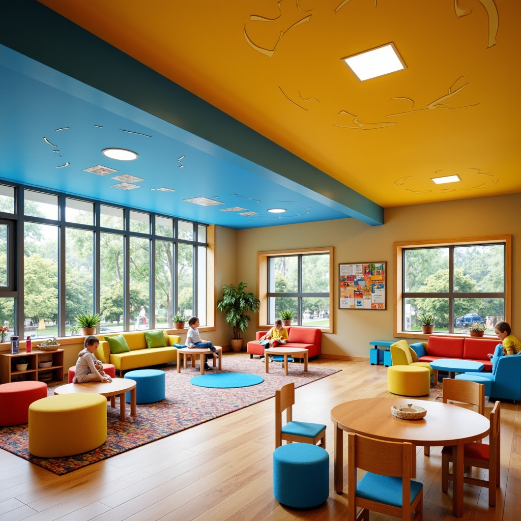 Prompt: Vibrant kindergarten interior, bold color accents, playful furniture, rounded edges, soft cushions, educational posters, interactive whiteboards, cozy reading nooks, natural wood floors, bright overhead lighting, whimsical wall decals, cheerful rugs, circular tables, tiny chairs, collaborative learning spaces, creative art stations, sensory play areas, calming blue hues, stimulating yellow tones, energetic orange accents, imaginative play structures, textured fabrics, engaging classroom layouts, 1/2 composition, softbox lighting, subtle shadows.