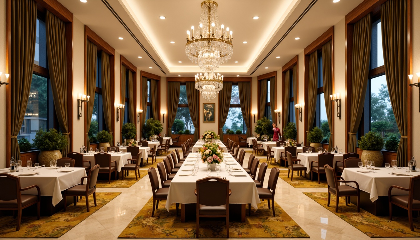 Prompt: Elegant dining hall, luxurious velvet drapes, rich walnut wood furniture, ornate crystal chandeliers, soft creamy walls, warm beige marble floors, plush golden rugs, vibrant emerald green accents, metallic bronze decorative elements, dramatic floor-to-ceiling windows, lavish flower arrangements, warm candlelight, cozy intimate atmosphere, shallow depth of field, 1/1 composition, realistic textures, ambient occlusion.