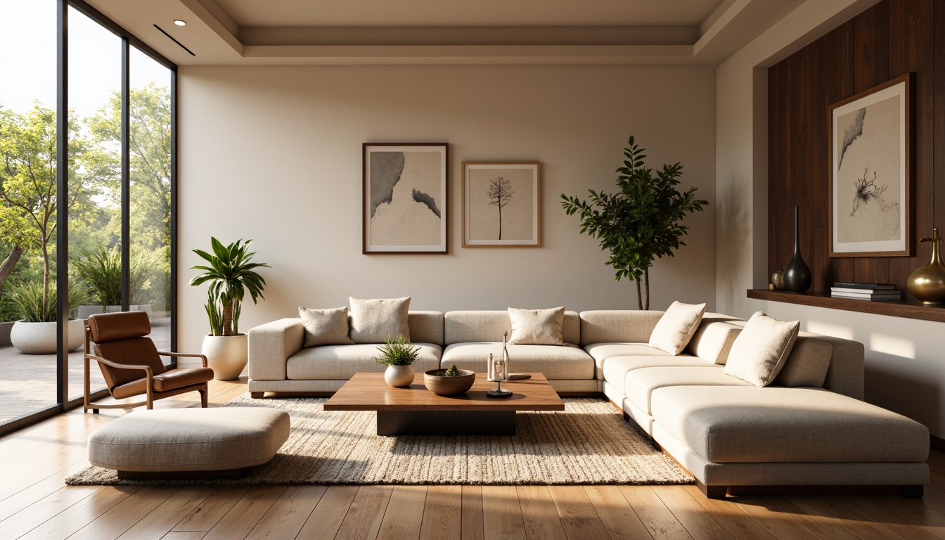 Prompt: Cozy living room, plush sectional sofa, wooden coffee table, floor-to-ceiling windows, natural daylight, soft warm lighting, minimalist decor, modern art pieces, textured rugs, comfortable pillows, warm beige walls, sleek metal accents, organic shapes, free-flowing curves, harmonious color palette, calming atmosphere, 3/4 composition, shallow depth of field, realistic textures.