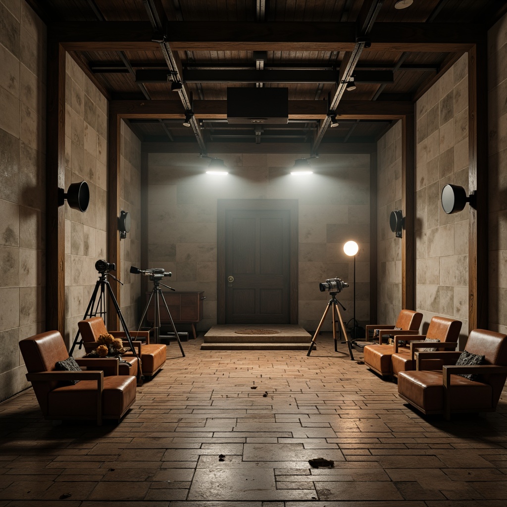 Prompt: Minimalist cinema set, concrete walls, industrial metal beams, reclaimed wood floors, vintage film equipment, old cameras, spotlights, dim warm lighting, shallow depth of field, 1/1 composition, cinematic color grading, realistic material textures, ambient occlusion, rough stone surfaces, worn leather seats, metallic accents, geometric patterns, subtle reflections, atmospheric fog effects.