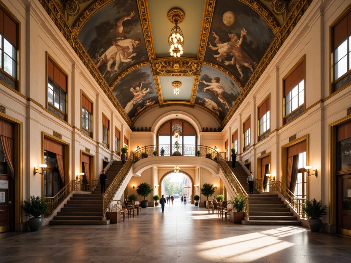 Prompt: Ornate train station, grandiose entrance halls, sweeping staircases, intricate carvings, gilded moldings, ornamental chandeliers, lavish frescoes, pastel-colored walls, polished marble floors, Baroque-inspired archways, curved lines, soft golden lighting, dramatic shadows, 1/1 composition, symmetrical framing, warm atmospheric perspective, highly detailed textures, subtle ambient occlusion.