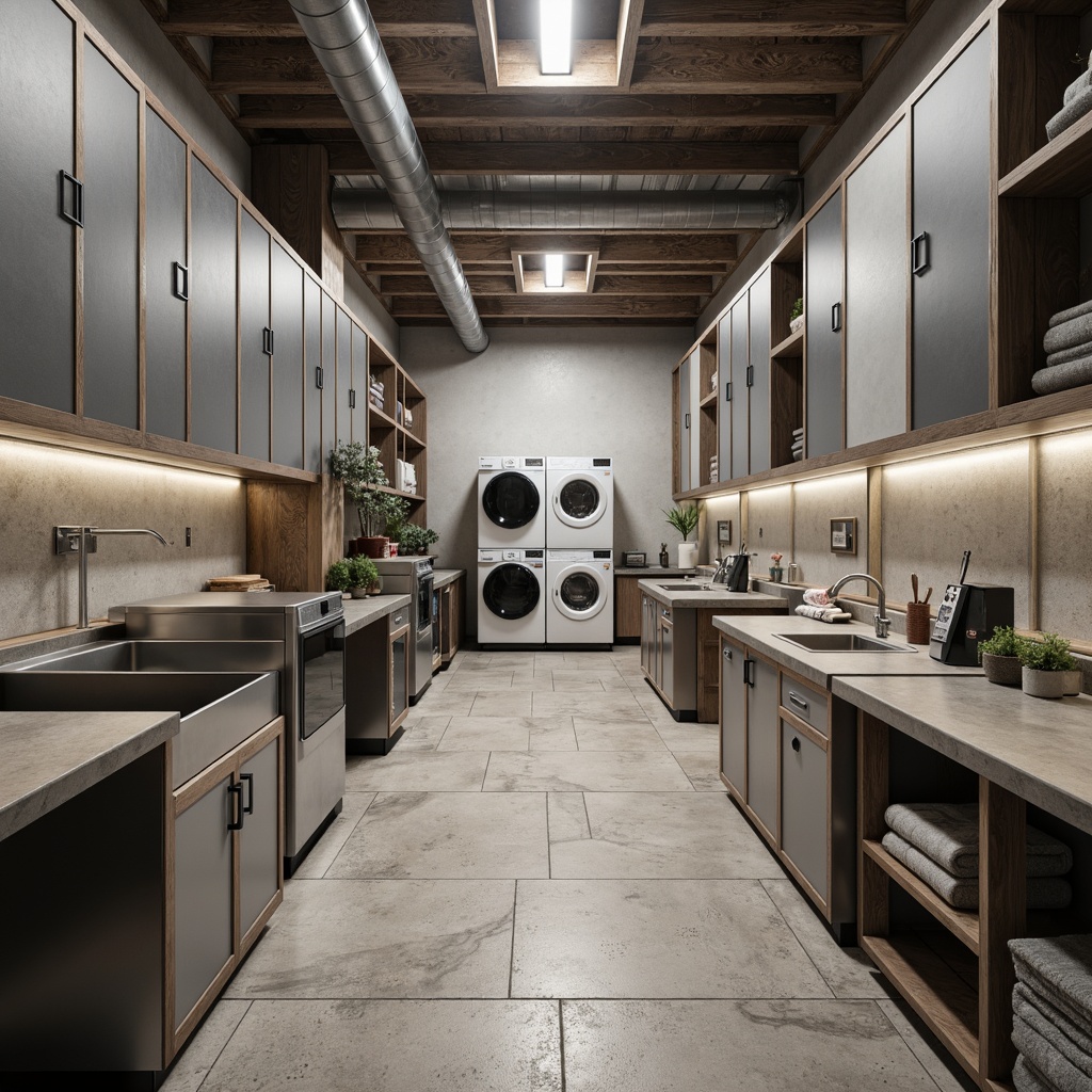 Prompt: Industrial-style laundry room, functional work surfaces, stainless steel countertops, ergonomic sink basins, wall-mounted folding tables, modern appliances, sleek cabinets, minimalist shelving, ample storage space, natural stone flooring, neutral color palette, soft overhead lighting, 1/1 composition, shallow depth of field, realistic textures.