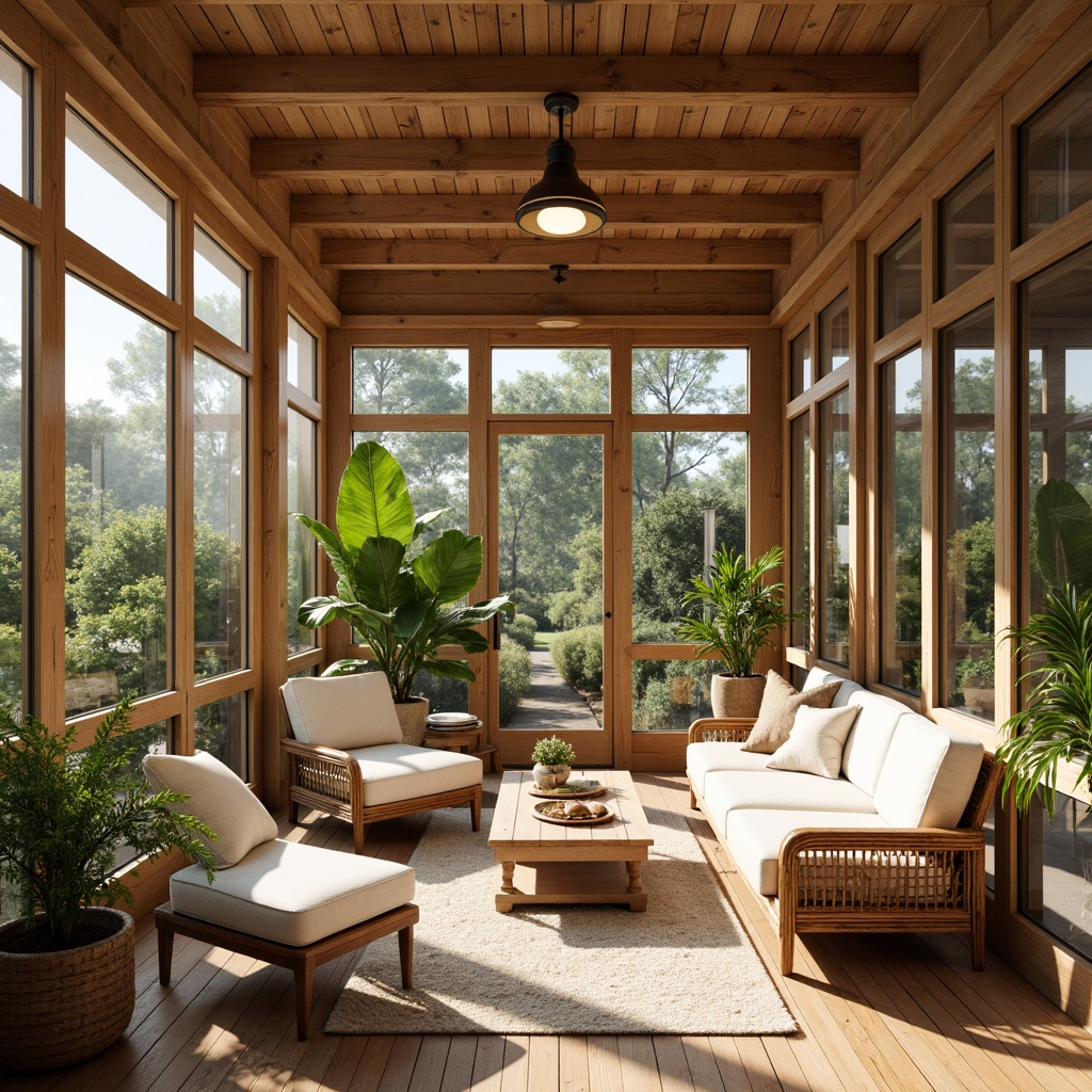 Prompt: Cozy sunroom, natural wood accents, plush wicker furniture, soft cushioned sofas, vintage rattan chairs, warm beige tones, tropical plants, large windows, sliding glass doors, sunny day, bright indirect lighting, 3/4 composition, shallow depth of field, realistic textures, ambient occlusion.