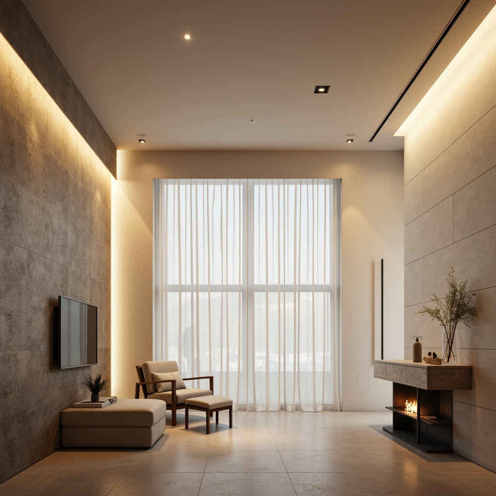 Prompt: Simple minimalist interior, soft warm glow, subtle ambient lighting, recessed light fixtures, sleek metal accents, monochromatic color scheme, matte finishes, clean lines, minimal ornamentation, functional furniture, empty space, natural daylight, sheer curtains, diffused shadows, 1/1 composition, low-key lighting, realistic textures, ambient occlusion.