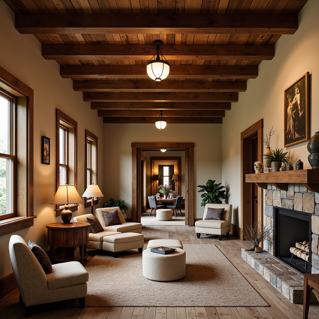 Prompt: Rustic hall, wooden accents, earthy tones, warm beige walls, rich brown furniture, natural stone fireplaces, cozy textiles, vintage decorative items, soft warm lighting, shallow depth of field, 3/4 composition, realistic wood textures, ambient occlusion, traditional craftsman style, inviting atmosphere, comfortable seating areas.