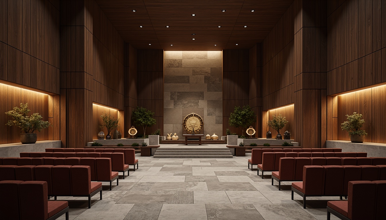 Prompt: Elegant memorial hall, solemn atmosphere, dark wood tones, velvet upholstered chairs, ornate metalwork, ceremonial altars, soft diffused lighting, subtle shadowing, minimalist decor, simplistic elegance, contemplative ambiance, serene water features, natural stone walls, abstract sculptures, symbolic ornaments, respectful silence, quiet reflection, 1/1 composition, shallow depth of field, warm color palette, realistic textures.