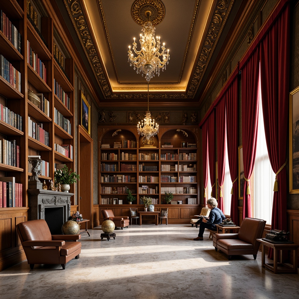 Prompt: Elegant bookshelves, ornate wooden trim, luxurious velvet drapes, vintage leather armchairs, polished marble floors, grand chandeliers, warm golden lighting, classic literature displays, antique globe stands, vintage typewriters, nostalgic bookmarks, soft muted colors, rich textures, symmetrical composition, shallow depth of field, 1/1 aspect ratio, realistic wood grain, ambient occlusion.