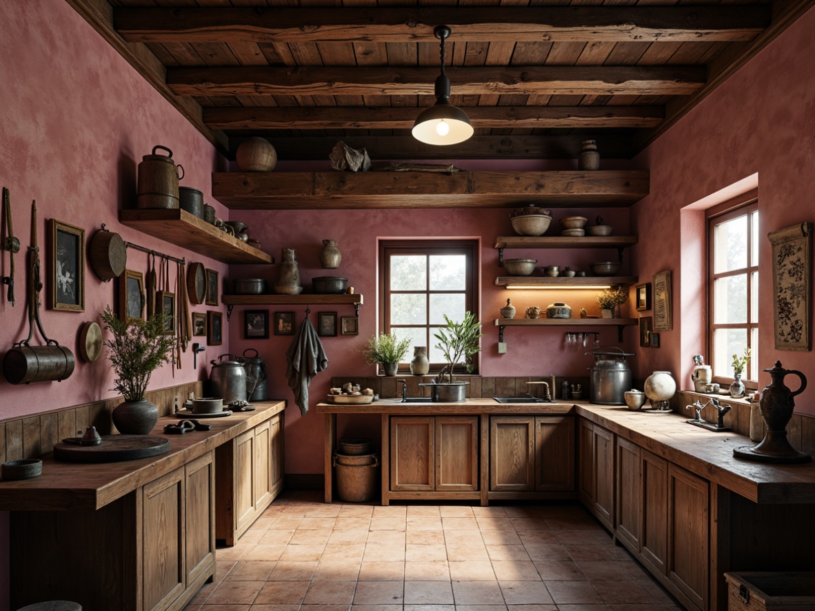 Prompt: Vintage workshop interior, mauve accent walls, distressed wooden furniture, rusty metal tools, worn leather aprons, earthy terracotta floors, natural stone countertops, warm ambient lighting, soft focus, shallow depth of field, 1/1 composition, realistic textures, subtle atmospheric effects.