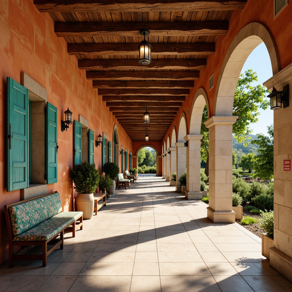 Prompt: Warm Mediterranean bus station, rustic stone walls, earthy terracotta tones, ceramic tile accents, ornate metalwork, vibrant turquoise hues, natural limestone flooring, wooden beam ceilings, distressed wood textures, lush greenery, sunny day, soft warm lighting, shallow depth of field, 3/4 composition, panoramic view, realistic textures, ambient occlusion.