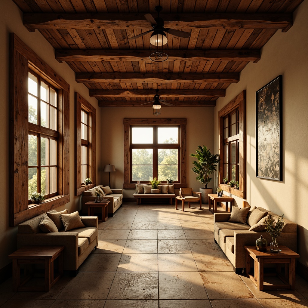 Prompt: Rustic hall interior, wooden accents, earthy color palette, warm beige tones, rich walnut furniture, natural stone flooring, vintage metal fixtures, soft ambient lighting, 3/4 composition, cozy atmosphere, inviting textures, realistic wood grain, subtle shadows, warm golden hour light, comfortable seating areas, traditional craftsmanship details.