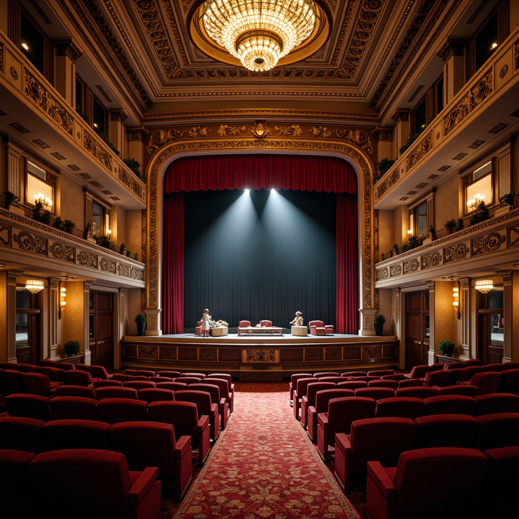 Prompt: Intricate theater interior, ornate moldings, neoclassical style, grand proscenium arch, velvet curtains, gilded frames, crystal chandeliers, marble columns, intricately patterned floors, red carpeting, luxurious seating areas, subtle warm lighting, shallow depth of field, 2/3 composition, dramatic spotlights, realistic textures, ambient occlusion.