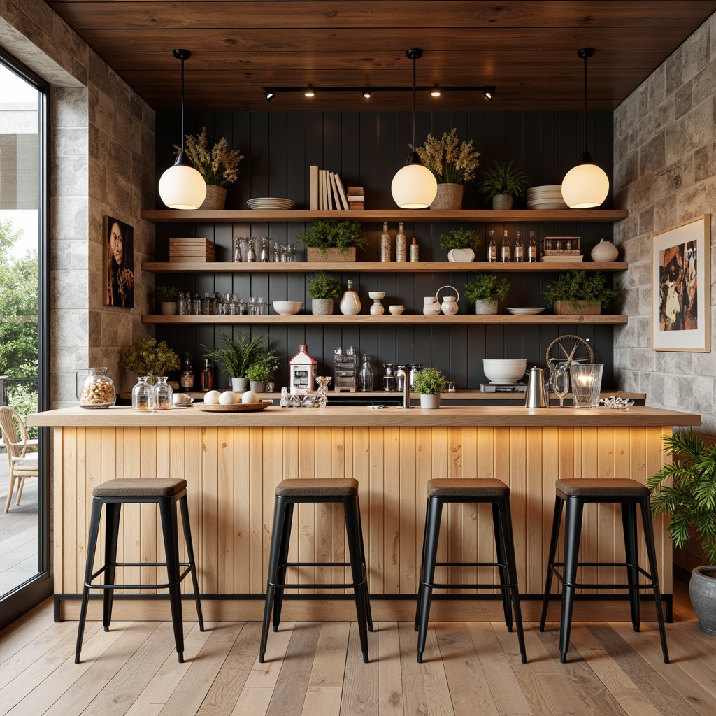 Prompt: Minimalist bar counter, wooden planks, light oak tones, subtle grain textures, industrial metal stools, rustic pendant lamps, earthy color palette, natural stone walls, Nordic-inspired patterns, woven textiles, cozy ambiance, warm soft lighting, 1/1 composition, shallow depth of field, realistic wood grains, ambient occlusion.