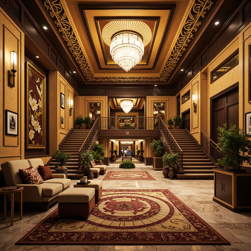 Prompt: Luxurious Art Deco interior, ornate golden accents, geometric patterned rugs, lavish velvet furnishings, crystal chandeliers, metallic leaf motifs, opulent marble floors, grandiose staircases, intricate moldings, sunburst mirrors, luxurious fabrics, bold color schemes, glamorous ambiance, warm soft lighting, shallow depth of field, 1/1 composition, realistic textures, ambient occlusion.