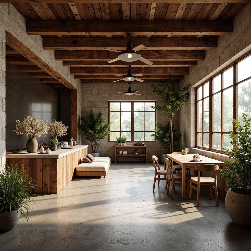 Prompt: Rustic industrial setting, reclaimed wood accents, exposed brick walls, natural stone floors, metal beams, earthy color palette, organic textures, recycled materials, eco-friendly design, modern minimalist aesthetic, abundant natural light, soft warm glow, shallow depth of field, 3/4 composition, panoramic view, realistic renderings, ambient occlusion.