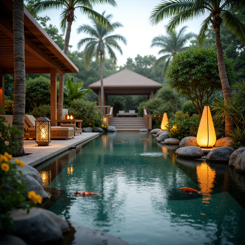 Prompt: Serenely lit Asian-style pool, warm golden lanterns, soft ambient glow, lush greenery surroundings, natural stone water features, tranquil koi ponds, bamboo accents, intricately carved wooden bridges, vibrant tropical flowers, subtle misting systems, warm sunny day, shallow depth of field, 3/4 composition, panoramic view, realistic textures, ambient occlusion.