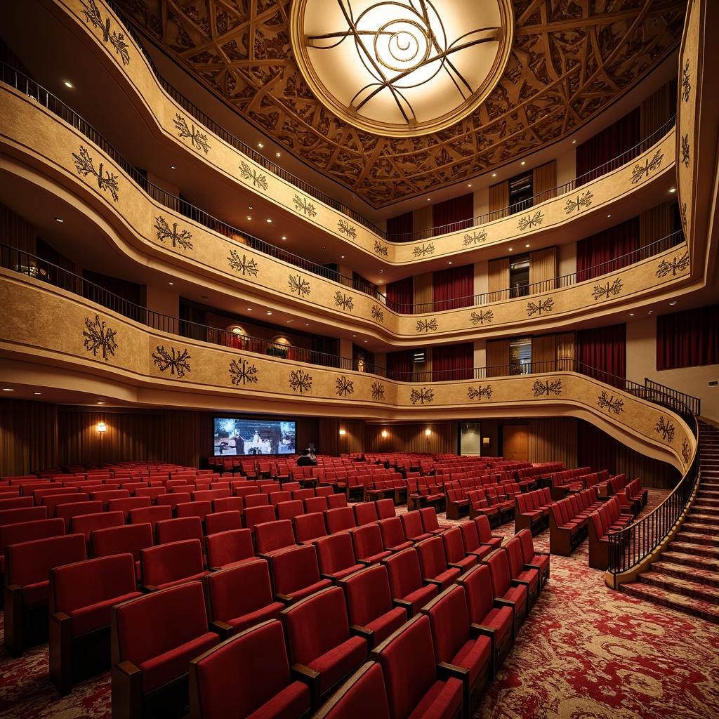 Prompt: Grand amphitheater, Art Deco ornate details, curved rows of seating, plush red velvet chairs, gold accents, intricate geometric patterns, ornate metal railings, grand staircase, luxurious carpets, dramatic ceiling design, crystal chandeliers, soft warm lighting, shallow depth of field, 1/2 composition, symmetrical framing, realistic textures, ambient occlusion.