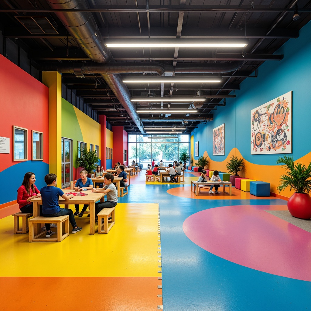 Prompt: Vibrant youth center, colorful murals, energetic atmosphere, durable flooring, shock-absorbing surfaces, slip-resistant materials, easy-to-clean finishes, heavy foot traffic, high-impact areas, sports zones, game rooms, social lounges, educational spaces, bright lighting, modern design, safety prioritized, comfortable seating, acoustic considerations, noise reduction systems.