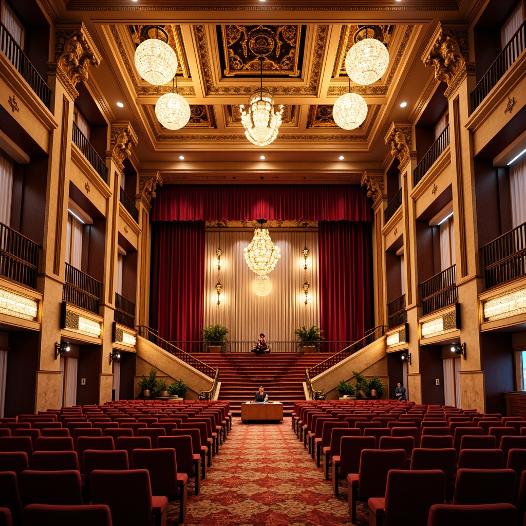 Prompt: Grand auditorium, ornate chandeliers, luxurious velvet curtains, intricately carved wooden panels, majestic stone columns, gleaming metal accents, vibrant LED lighting, sweeping staircase, plush theater seats, richly patterned carpets, sophisticated sound systems, acoustically designed walls, elegant balconies, dramatic ceiling heights, warm golden lighting, shallow depth of field, 1/2 composition, realistic textures, ambient occlusion.