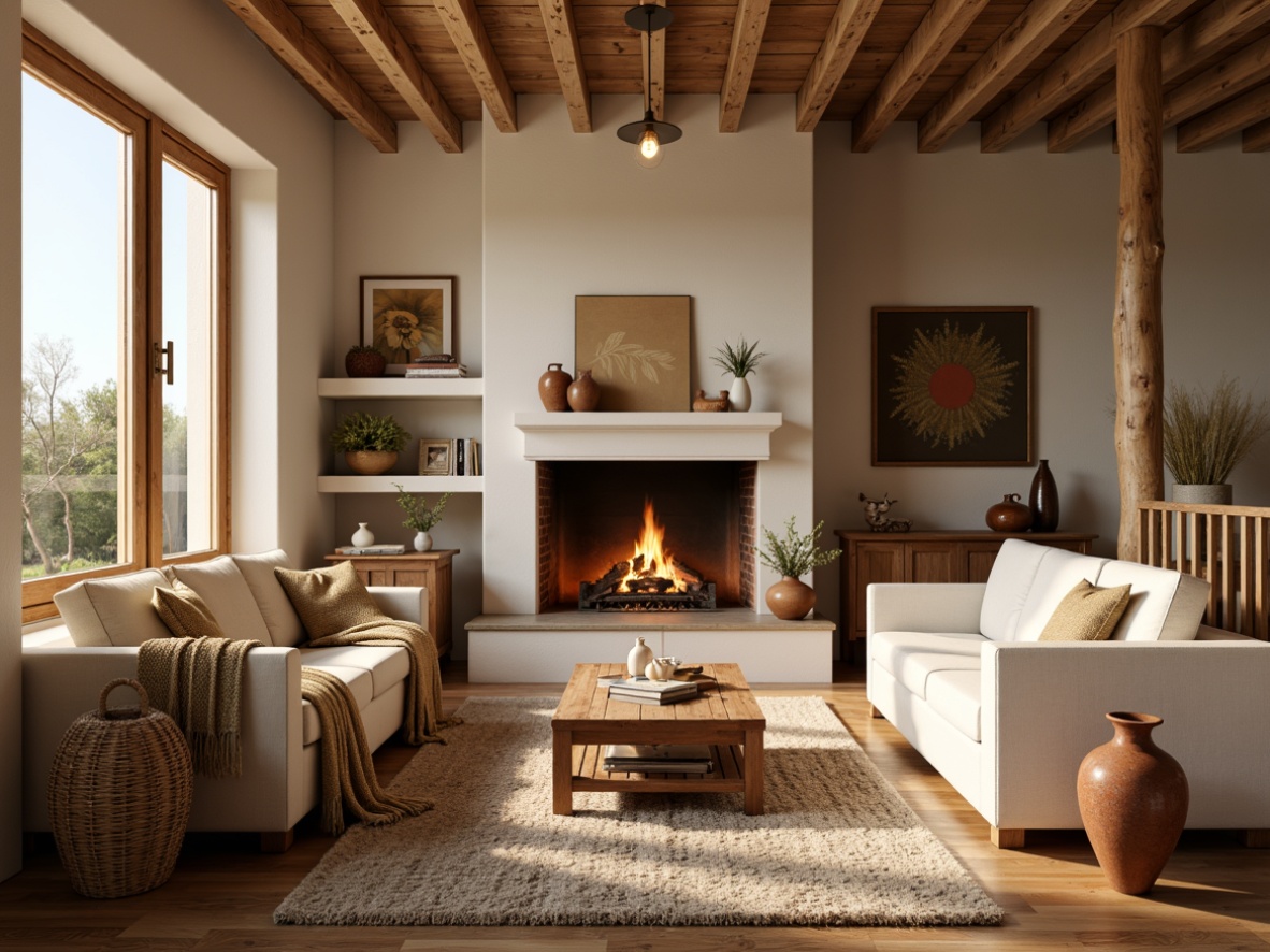 Prompt: Cozy living room, plush throw blankets, warm beige tones, soft velvety sofas, chunky knitted rugs, natural wood accents, woven wicker furniture, earthy terracotta vases, crackling fireplace, golden afternoon light, shallow depth of field, 1/2 composition, realistic textures, ambient occlusion.