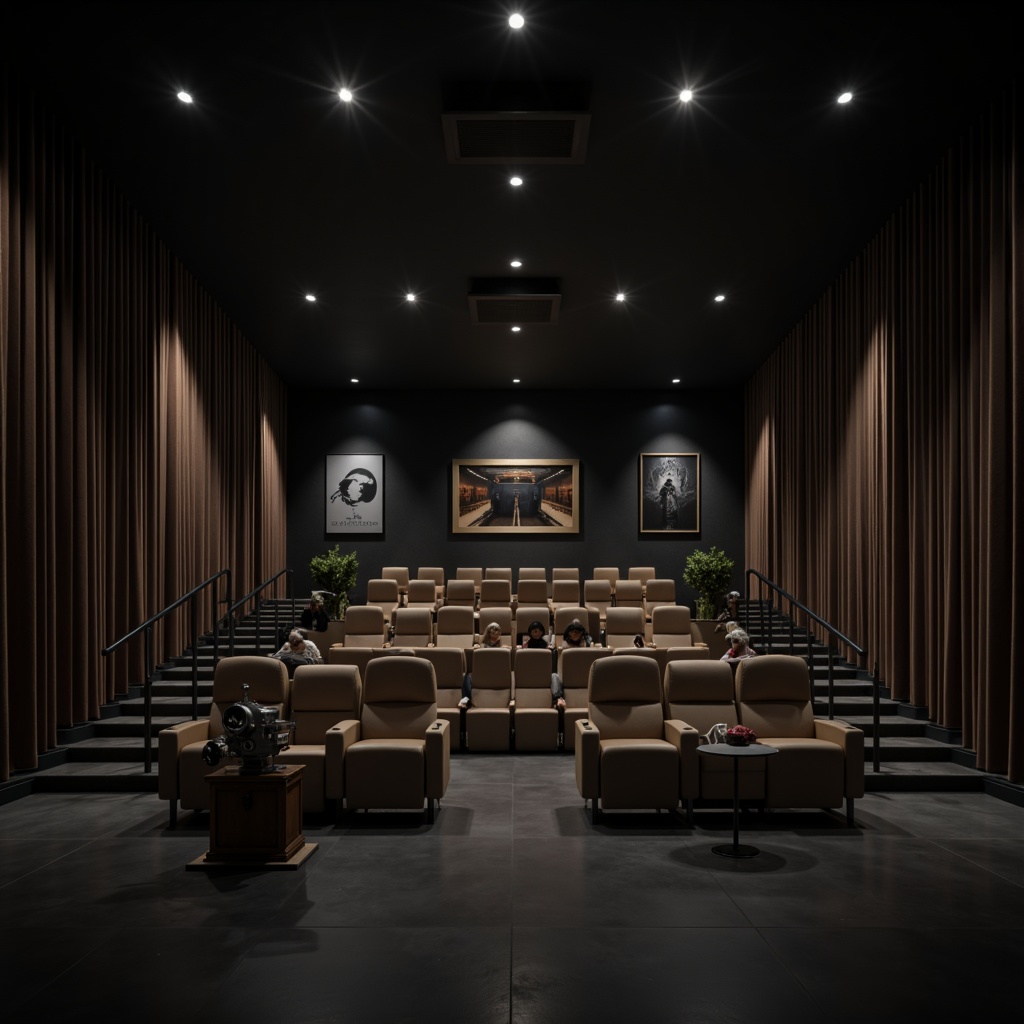 Prompt: Monochromatic cinema hall, minimalist interior design, dark grey walls, sleek black floors, subtle ambient lighting, cinematic posters, retro film cameras, vintage movie projectors, rich velvet curtains, luxurious leather seats, polished metal handrails, neutral beige tones, soft warm glow, low-key lighting, shallow depth of field, 2/3 composition, cinematic framing, realistic textures, atmospheric fog.