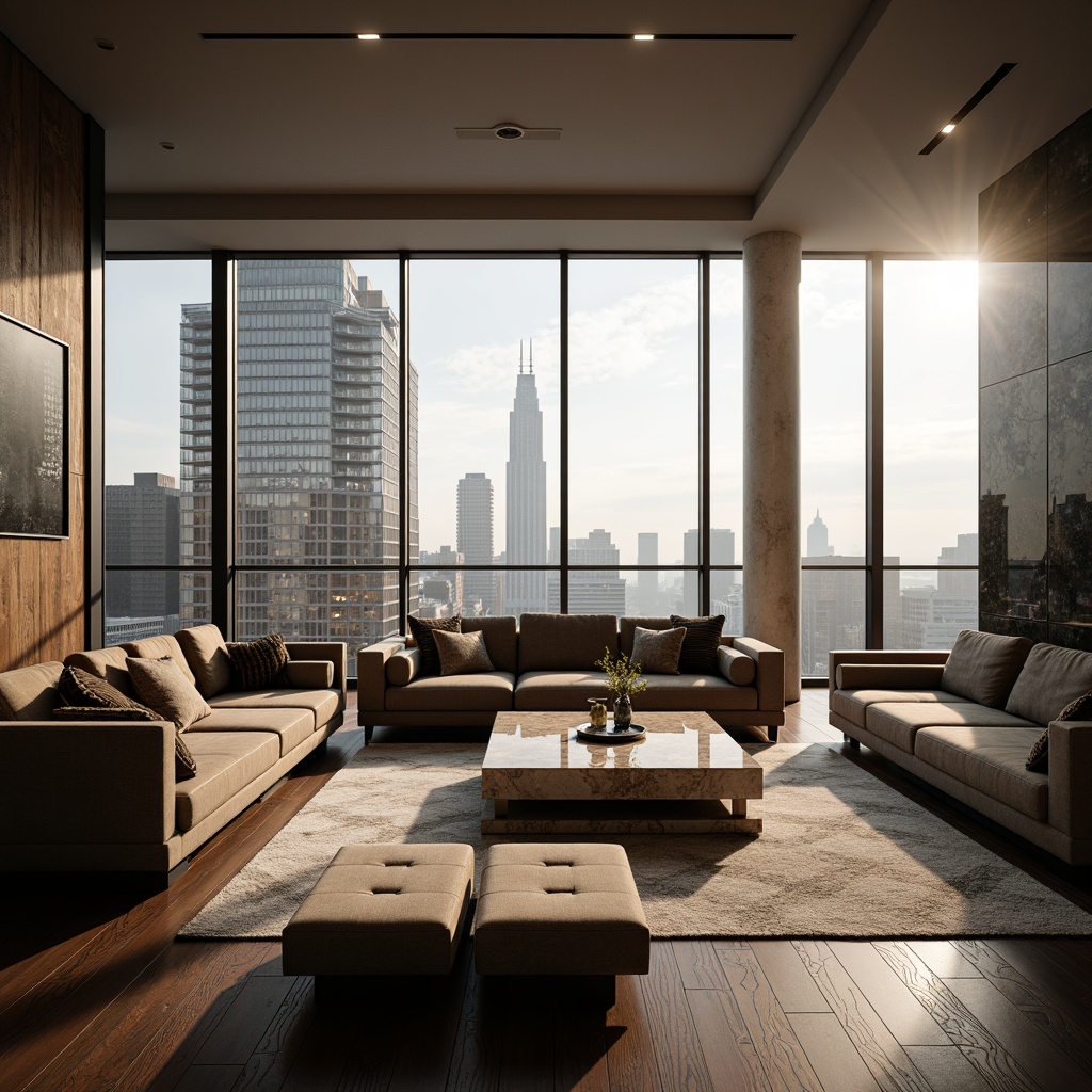 Prompt: Luxurious living room, sleek modern furniture, velvety soft couches, marble coffee tables, floor-to-ceiling windows, natural light pouring in, urban cityscape views, high-rise building, 3/4 composition, shallow depth of field, warm cozy ambiance, softbox lighting, realistic textures, ambient occlusion.