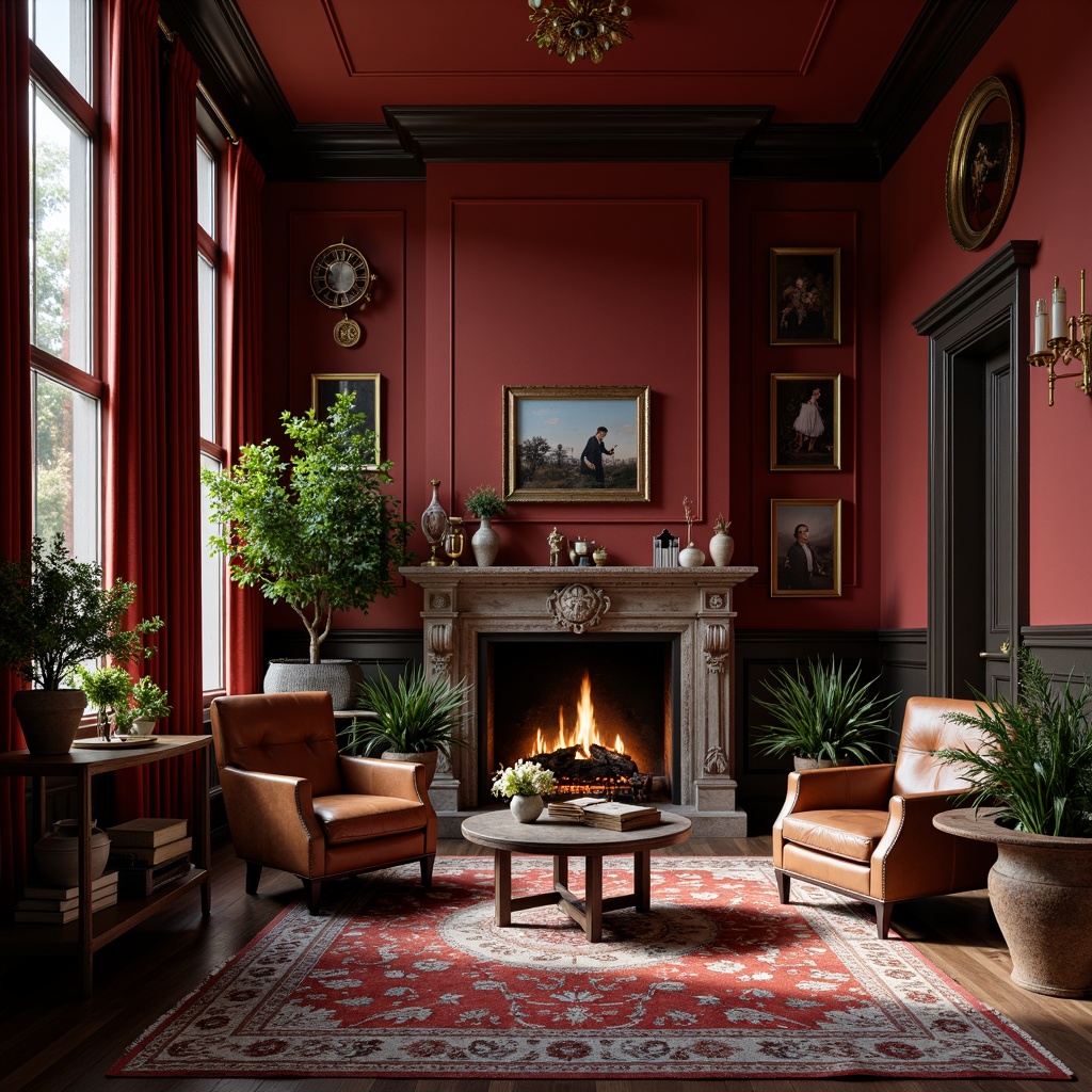 Prompt: Rich maroon walls, luxurious velvet fabrics, dark wood accents, ornate gold fixtures, plush area rugs, warm ambient lighting, cozy reading nooks, vintage leather armchairs, earthy terracotta pots, lush greenery, natural stone fireplaces, soft warm shadows, 1/2 composition, intimate atmosphere, realistic textures, subtle color gradations.