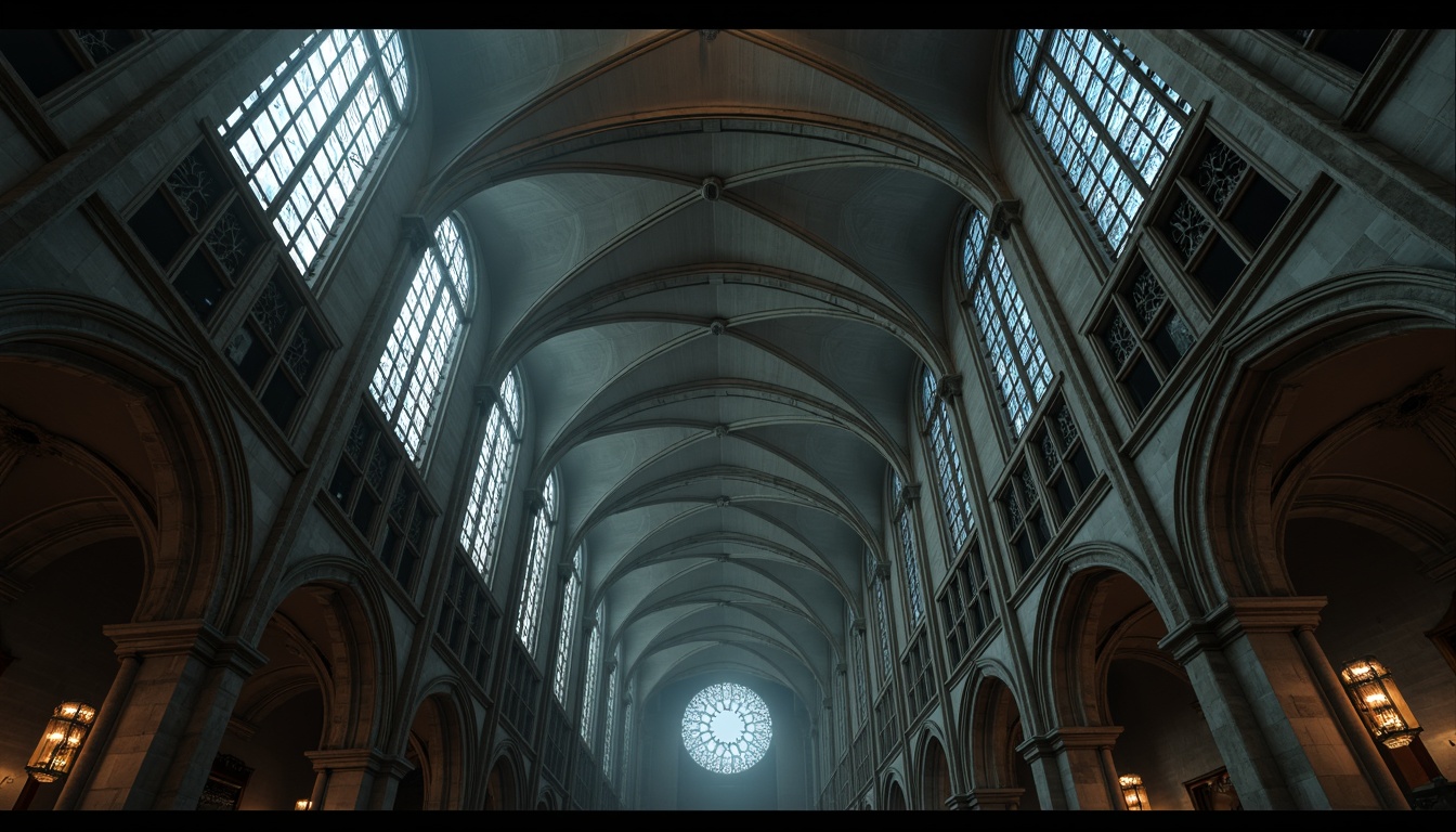 Prompt: Intricate stone carvings, ribbed vaults, pointed arches, flying buttresses, grandiose cathedrals, ornate gargoyles, stained glass windows, majestic rose windows, delicate tracery, soaring ceilings, dramatic lighting, mysterious ambiance, atmospheric fog, cinematic composition, 1/2 format, low-key lighting, subtle color grading.