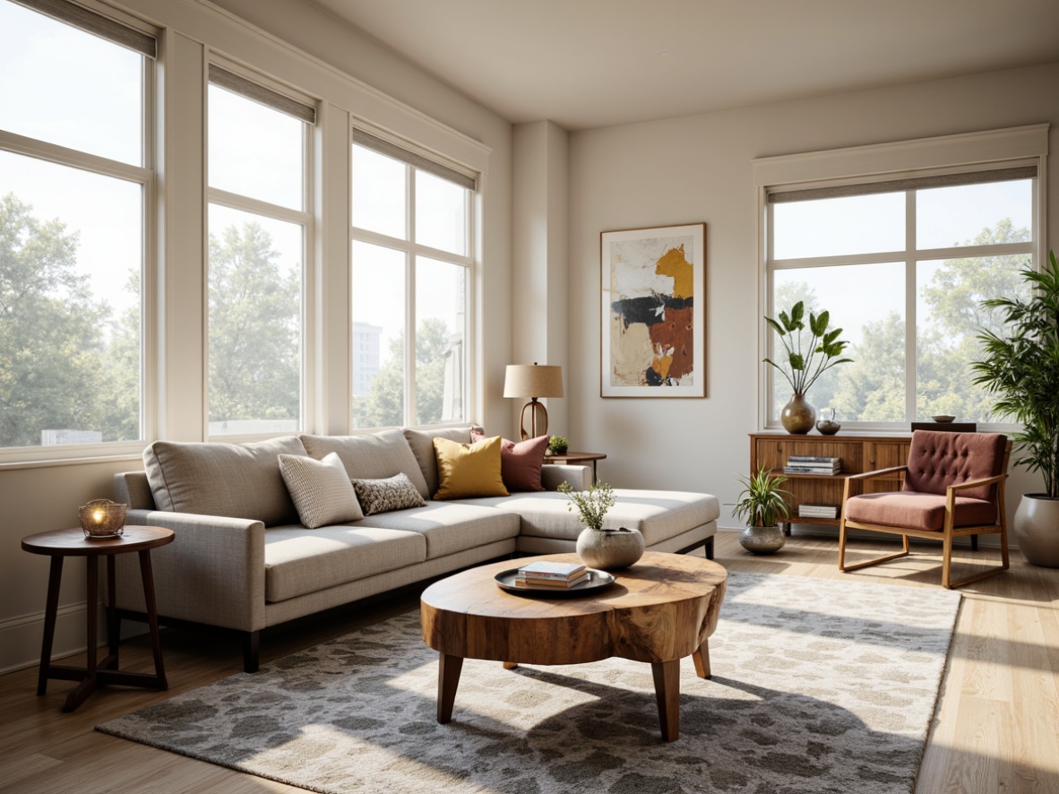 Prompt: Modern living room, sleek low-profile sofa, tufted velvet armchair, reclaimed wood coffee table, metallic floor lamp, abstract art pieces, geometric patterned rug, minimalist decor, neutral color palette, large windows, natural light, soft warm glow, shallow depth of field, 3/4 composition, panoramic view, realistic textures, ambient occlusion.