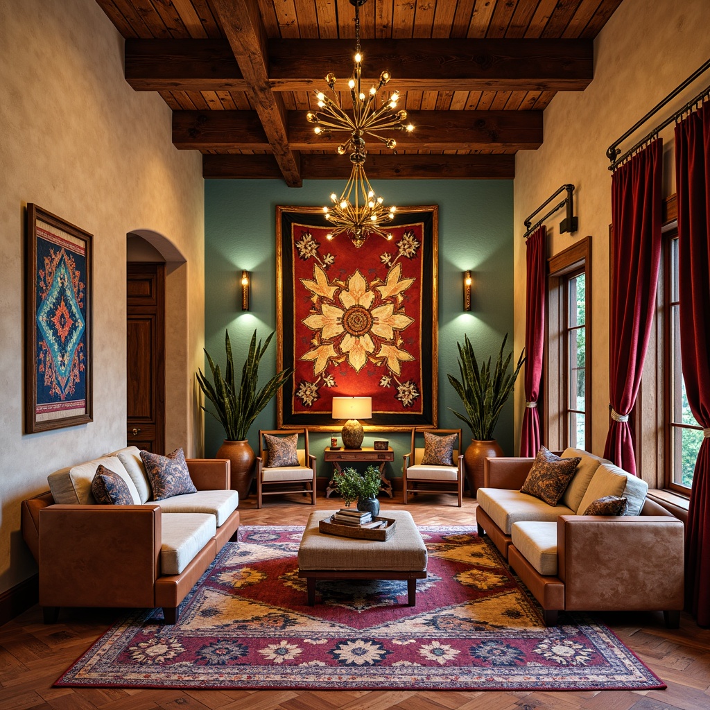 Prompt: Vibrant southwestern patterned rugs, warm terracotta flooring, rustic wooden accents, turquoise stone walls, desert-inspired tapestries, bold geometric shapes, vibrant colorful fabrics, intricate Native American motifs, statement lighting fixtures, luxurious velvet drapes, opulent gold leaf details, lavish crystal chandeliers, rich wood paneling, distressed leather furniture, Southwestern-style architectural elements, warm earthy tones, dramatic ceiling treatments, dynamic spatial layout, atmospheric ambient lighting, high-contrast rendering, detailed 3D textures.