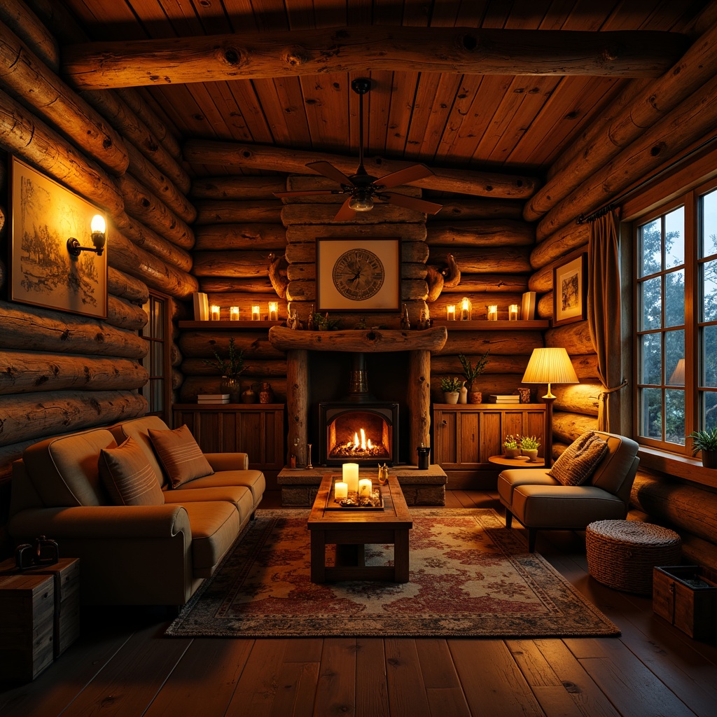 Prompt: Rustic cabin, wooden accents, vintage decor, warm candlelight, soft lanterns, pendant lamps, Edison bulbs, distressed textures, natural stone walls, reclaimed wood furniture, earthy tones, cozy atmosphere, autumn evening, warm golden lighting, low-key illumination, subtle shadows, 1/1 composition, intimate focus, realistic materials, ambient occlusion.