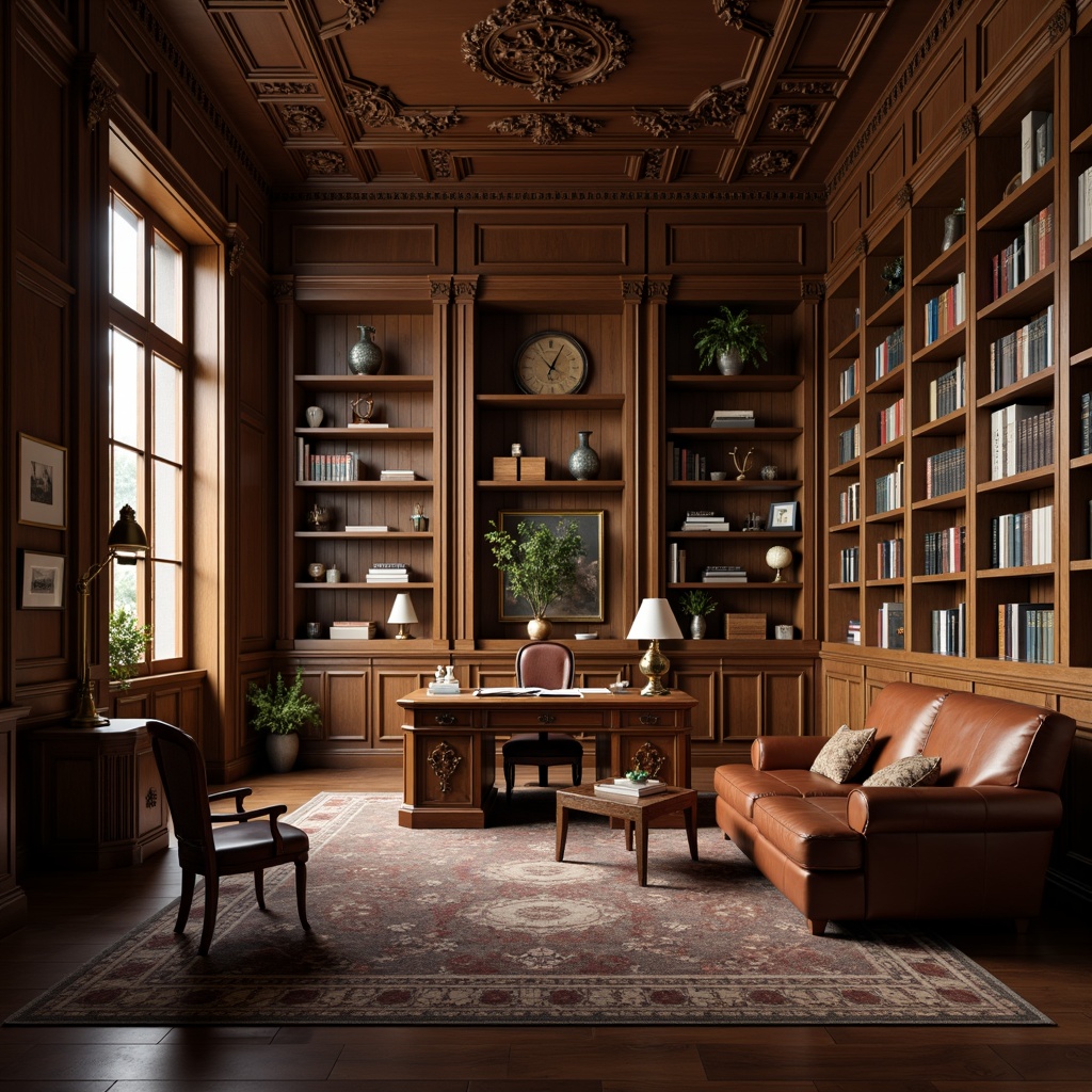 Prompt: Traditional university atmosphere, rich wooden tones, classic leather upholstery, ornate metal fixtures, stately oak desks, comfortable armchairs, elegant bookshelves, vintage-inspired lamps, soft warm lighting, shallow depth of field, 3/4 composition, realistic textures, ambient occlusion.