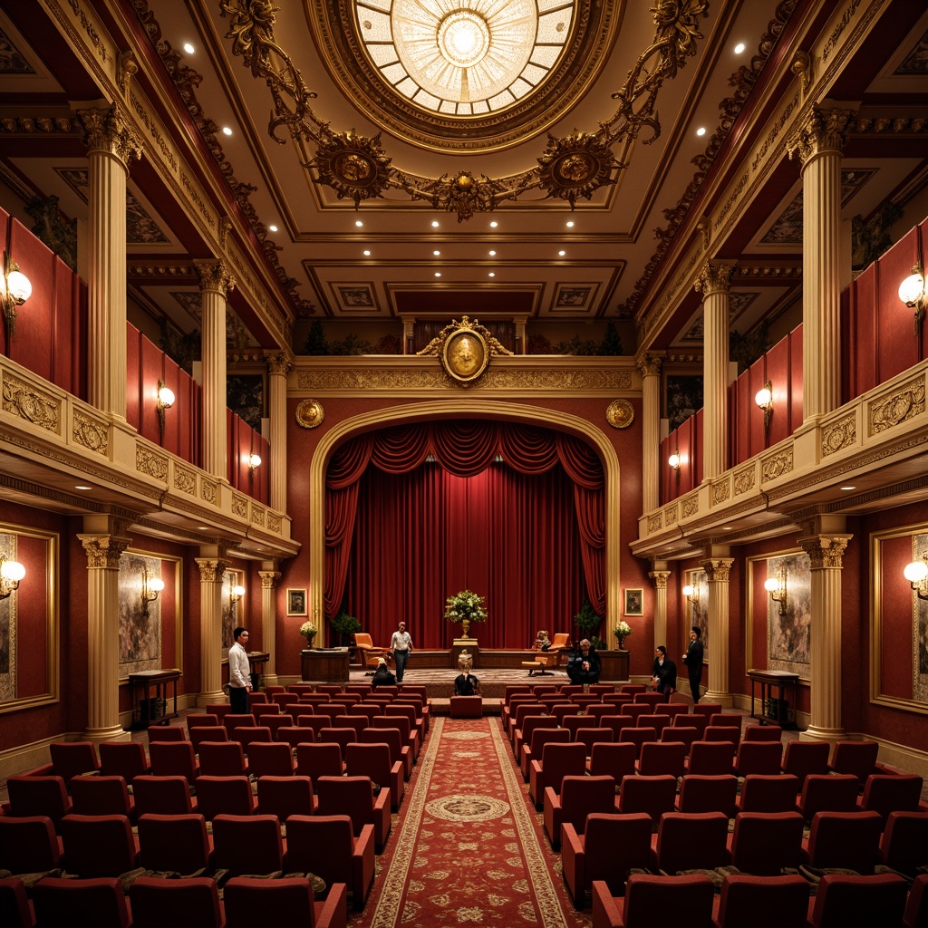 Prompt: Elegant theater interior, ornate neoclassical details, rich wood paneling, velvet drapes, golden accents, intricate moldings, crystal chandeliers, luxurious seating areas, acoustic panels, sound-absorbing materials, diffusers, resonators, bass traps, subtle lighting, warm color palette, high ceilings, grand staircases, opulent fabrics, refined textures, realistic reflections, shallow depth of field, 2/3 composition, dramatic spotlights, soft ambient glow.