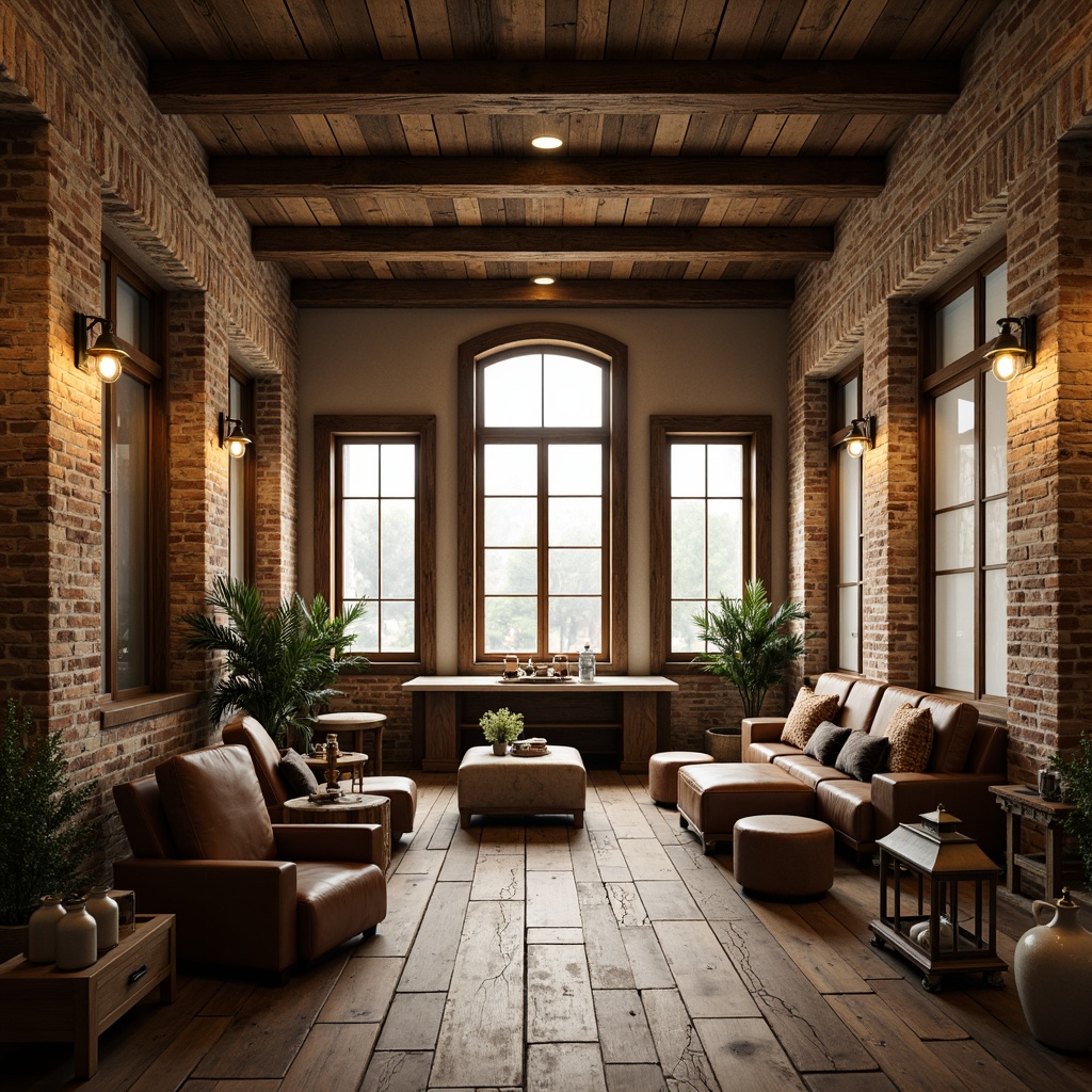 Prompt: Rustic steel-framed interior, distressed wood accents, earthy color palette, warm beige tones, weathered metal frames, reclaimed wooden planks, natural stone walls, exposed brick textures, vintage industrial lighting, metal lanterns, worn leather furniture, soft candlelight, shallow depth of field, 1/2 composition, realistic renderings, ambient occlusion.