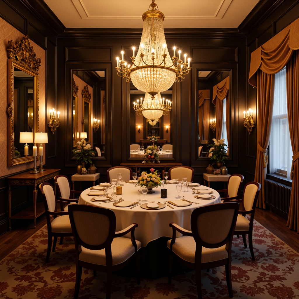 Prompt: \Elegant traditional dining room, crystal chandelier, warm golden lighting, soft candlelight, ornate mirrors, luxurious fabrics, rich wood tones, classic furniture, intricate carvings, grand ceiling height, sophisticated color palette, subtle shadows, gentle glow, ambient illumination, 1/1 composition, intimate atmosphere, realistic reflections.\