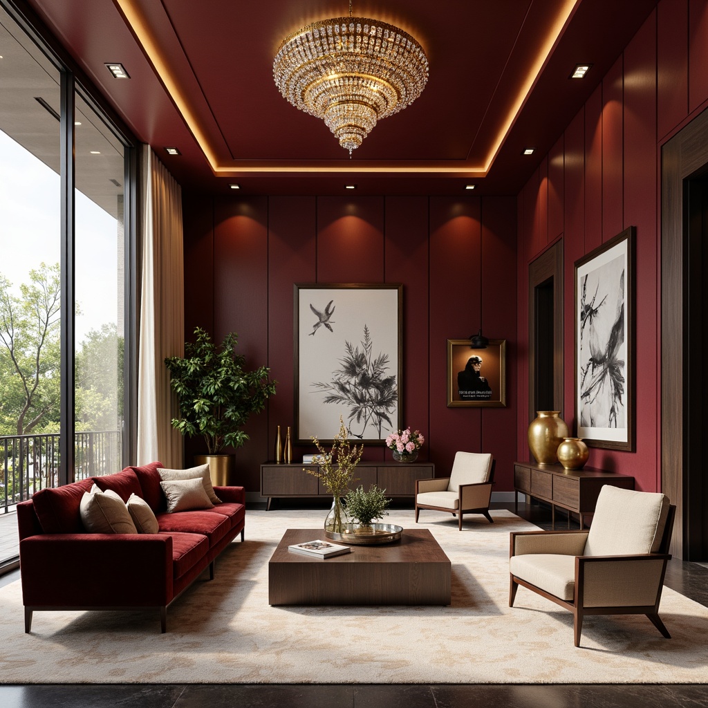 Prompt: Rich maroon walls, warm earthy tones, luxurious velvet fabrics, dark wood furniture, ornate golden accents, soft cream carpets, elegant crystal chandeliers, sophisticated modern interior design, spacious open-plan living areas, floor-to-ceiling windows, natural light pouring in, dramatic shadows, 1/2 composition, warm softbox lighting, realistic material textures, ambient occlusion.