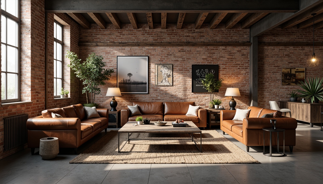 Prompt: Industrial-chic living room, exposed brick walls, reclaimed wood accents, metal beams, distressed leather sofas, vintage factory lamps, edgy coffee tables, minimalist decor, urban loft atmosphere, natural light pouring in, soft warm glow, shallow depth of field, 3/4 composition, realistic textures, ambient occlusion.