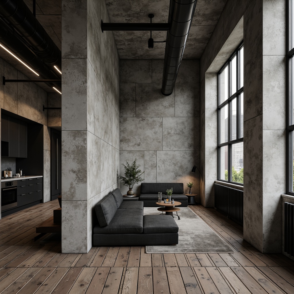 Prompt: Weathered concrete walls, rough stone textures, polished metal accents, smooth glass surfaces, matte black finishes, reclaimed wood floors, industrial pipes, exposed ductwork, minimalist decor, subtle ambient lighting, soft shadows, cinematic composition, 2.35