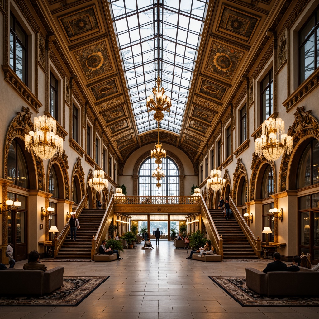 Prompt: Ornate Rococo-style train station, grand chandeliers, intricate moldings, golden accents, luxurious fabrics, Baroque-inspired patterns, sweeping archways, ornamental metalwork, majestic staircases, frescoed ceilings, crystal clear glass, soft warm lighting, shallow depth of field, 1/1 composition, symmetrical framing, realistic textures, ambient occlusion.