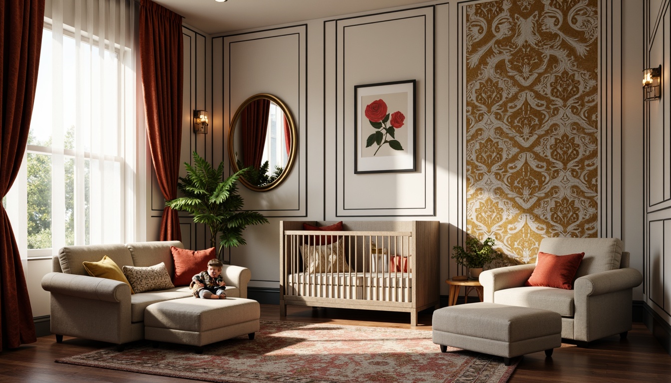 Prompt: Luxurious art deco nursery, soft velvet fabrics, rich jewel-toned colors, ornate patterns, geometric shapes, metallic accents, bold black outlines, opulent drapes, plush area rugs, tufted ottomans, statement lighting fixtures, elegant crib bedding, sophisticated wallcoverings, vintage-inspired wallpaper, glamorous glitters, creamy whites, champagne beiges, lavish gold leafing, low-key backlighting, shallow depth of field, 1/1 composition, realistic textures, ambient occlusion.