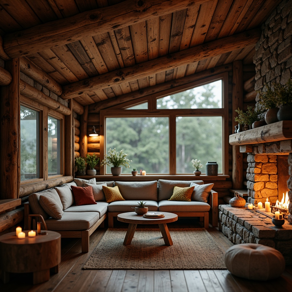 Prompt: Rustic cabin, wooden accents, natural stone walls, earthy tones, reclaimed wood furniture, woven textiles, vintage metal decor, candlelit ambiance, warm cozy lighting, shallow depth of field, 1/1 composition, realistic wood grain textures, ambient occlusion, serene forest surroundings, misty morning atmosphere, soft diffused light, organic forms, handcrafted elements.