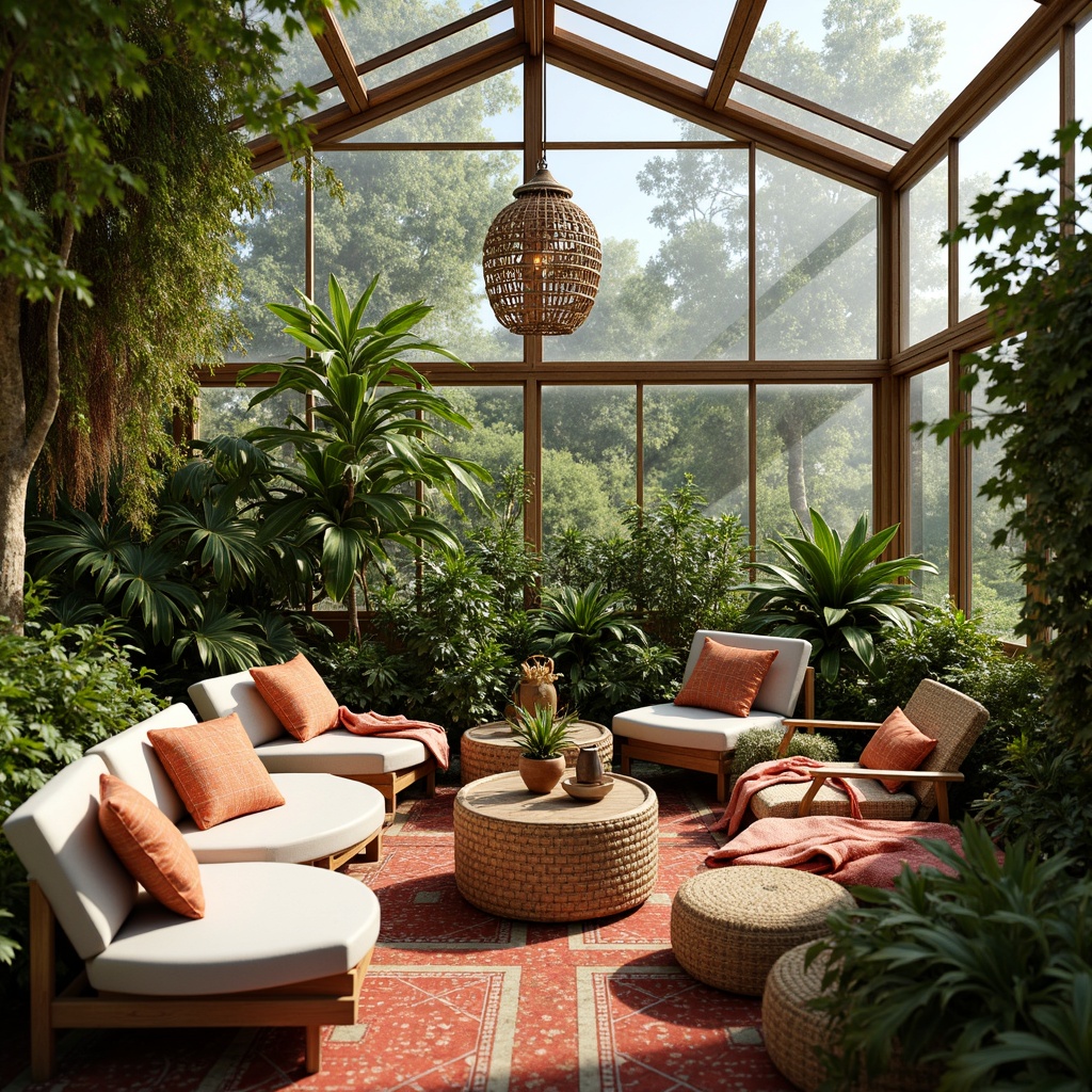 Prompt: Cozy greenhouse interior, lush greenery, natural sunlight, comfortable seating areas, vibrant colorful textiles, soft plush cushions, woven rattan furniture, warm wood accents, earthy tone ceramics, organic patterned fabrics, breathable mesh materials, moisture-wicking properties, thermal insulation, ergonomic design, 1/1 composition, shallow depth of field, realistic textures, ambient occlusion.