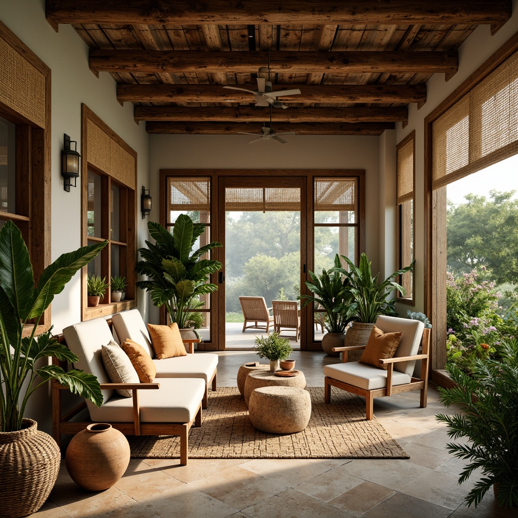 Prompt: Rustic tropical farmhouse, reclaimed wood accents, distressed finishes, natural fiber textiles, woven rattan furniture, vibrant greenery, exotic botanicals, earthy terracotta pots, woven bamboo shades, soft warm lighting, shallow depth of field, 1/1 composition, realistic textures, ambient occlusion, natural stone floors, earth-toned color palette, organic shapes, free-flowing layout, lush outdoor spaces, misty morning atmosphere.