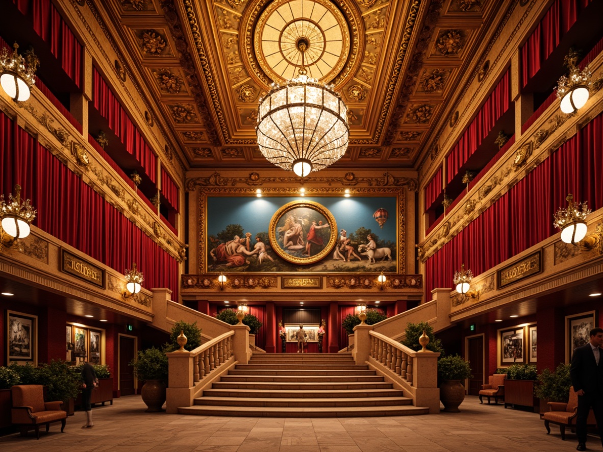 Prompt: Vibrant opera house, eclectic style, rich velvet curtains, ornate gold details, intricate plasterwork, bold red accents, lavish crystal chandeliers, luxurious marble floors, grand staircase, opulent drapery, jewel-toned murals, dramatic spotlights, warm golden lighting, soft focus, shallow depth of field, 2/3 composition, symmetrical architecture, Baroque-inspired ornateness, richly textured fabrics, bold brushstroke patterns.