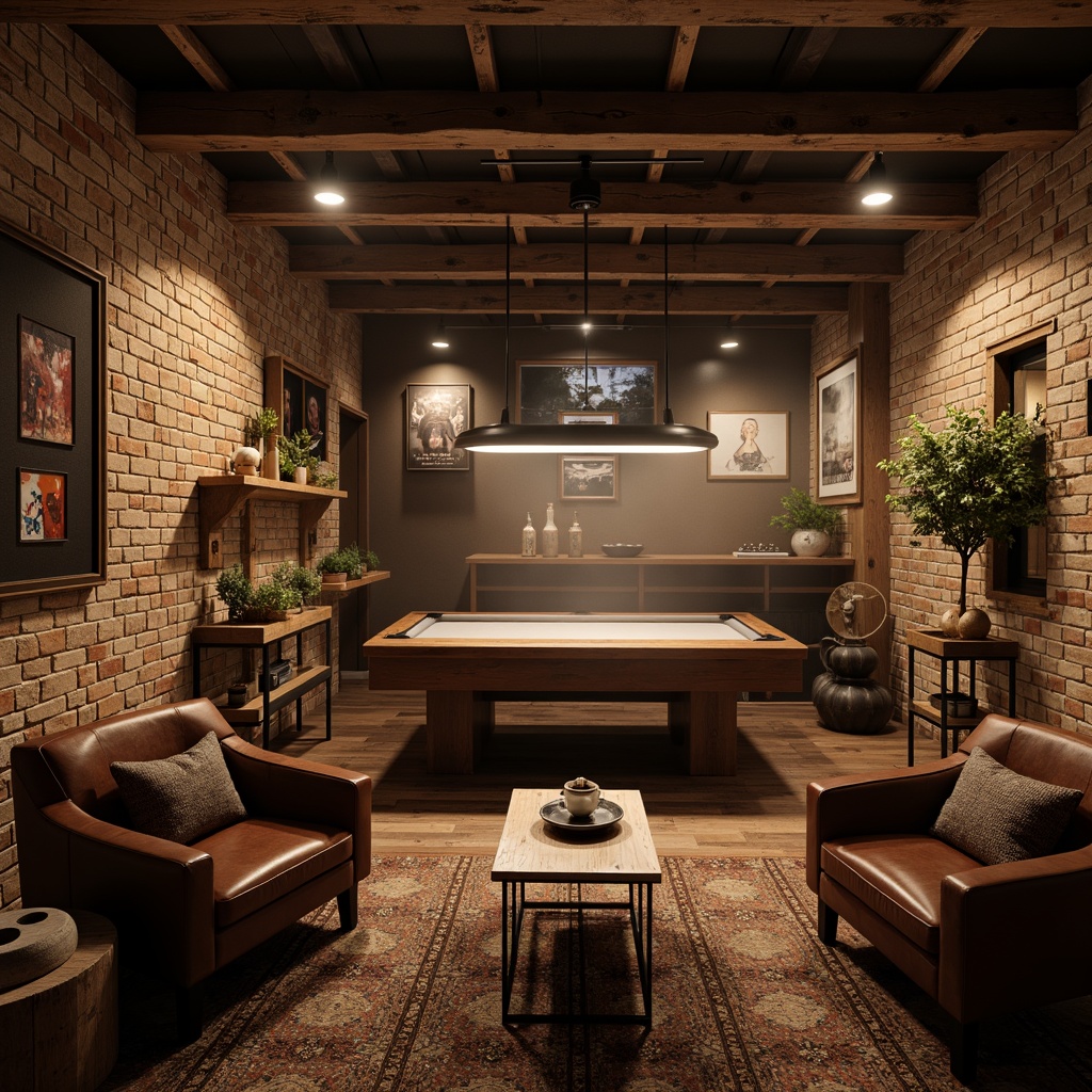 Prompt: Rustic game room, reclaimed wood walls, exposed brick accents, earthy stone textures, vintage industrial lighting, wooden crates, distressed metal signs, aged leather armchairs, warm candlelight, cozy throw blankets, natural fiber rugs, wooden game tables, rich brown colors, earthy scents, atmospheric fog effects, cinematic depth of field, 1/2 composition, low-key lighting, realistic wood grain textures.