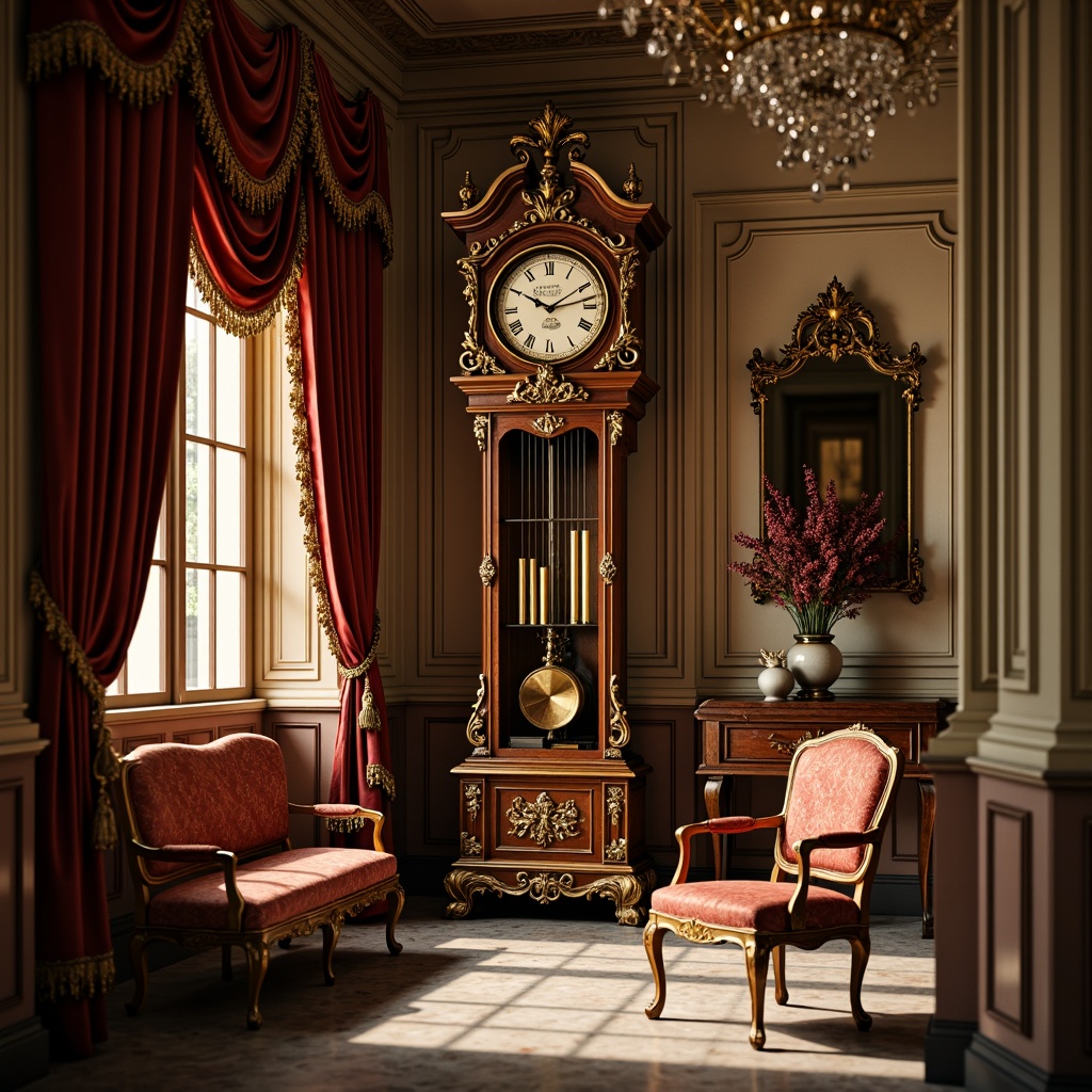 Prompt: Ornate grandfather clock, lavish velvet drapes, intricately carved wooden furniture, crystal chandelier, luxurious silk upholstery, ornamental mirrors, gilded frames, refined marble flooring, stately columns, imposing archways, richly textured wallpaper, warm golden lighting, soft focus photography, 1/2 composition, subtle vignette effect, realistic ambient shadows.