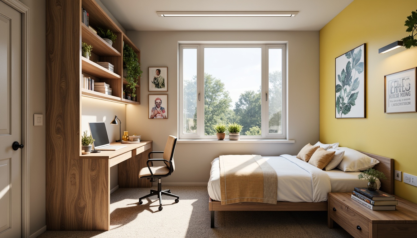 Prompt: Compact dorm room, space-saving furniture, multifunctional desk, comfortable bedding, minimalist decor, soft pastel colors, natural wood tones, adjustable lighting, cozy reading nook, built-in shelving, sleek metal frames, functional storage units, ergonomic chair, collaborative study area, inspirational quotes, vibrant accent walls, warm beige carpeting, sunny day, softbox lighting, shallow depth of field, 1/1 composition, realistic textures, ambient occlusion.